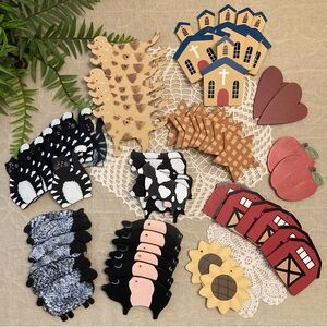 60 Wooden Ornaments Cat Dog Cow Pig Sheep Barn Stars Church Heart Apple Flower